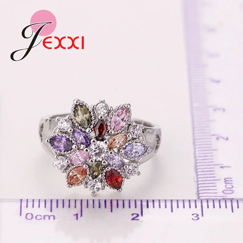 JEXXI Fashion Colorful CZ Crystal 925 Sterling Silver Jewelry Party Finger Ring for Women Wedding Engagement Rings Bijoux