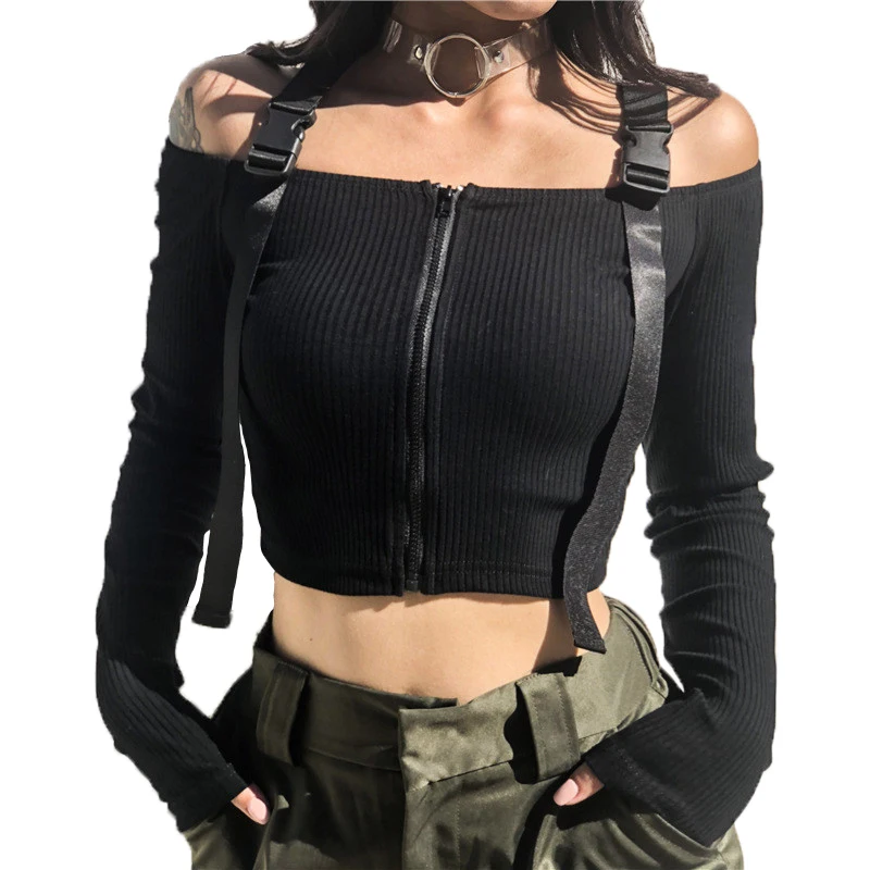

Vogue Off The Shoulder Long Sleeve Crop Tops T Shirt For Women Sexy Korean Style Summer Autumn Black Harajuku Slash Neck Tshirt