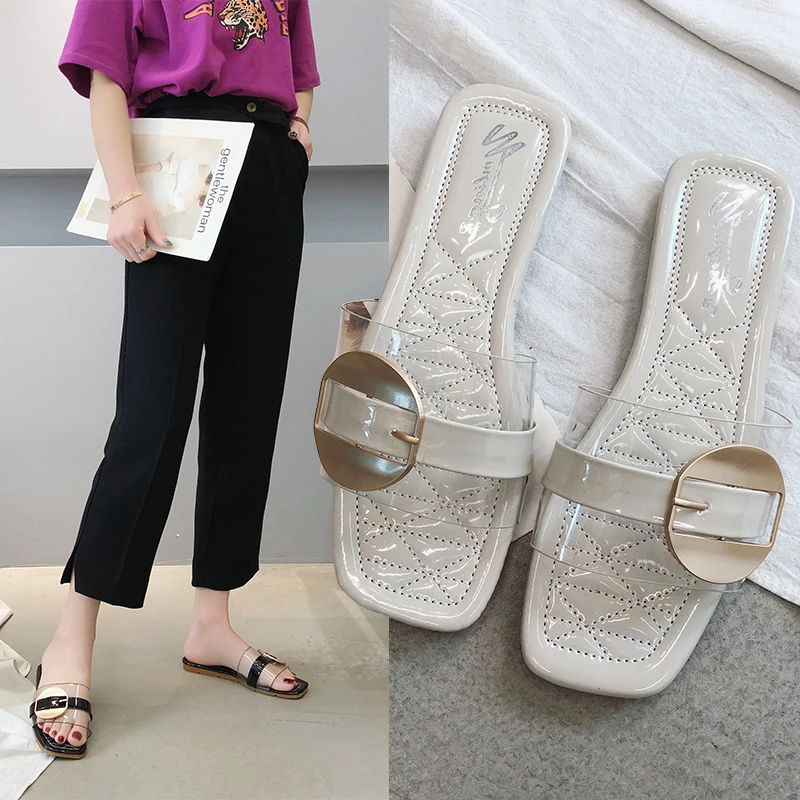 

Summer Beach Slippers Slides Women Sandals Woman Flip Flops Solid Crystal Metal Buckle Transparent Holiday Sliders Shoes Outside