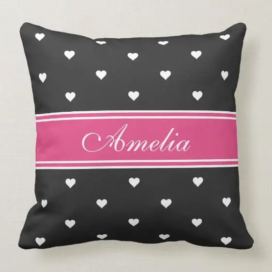 Hot Pink and Black Personalized Name Tiny Hearts Throw Pillow
