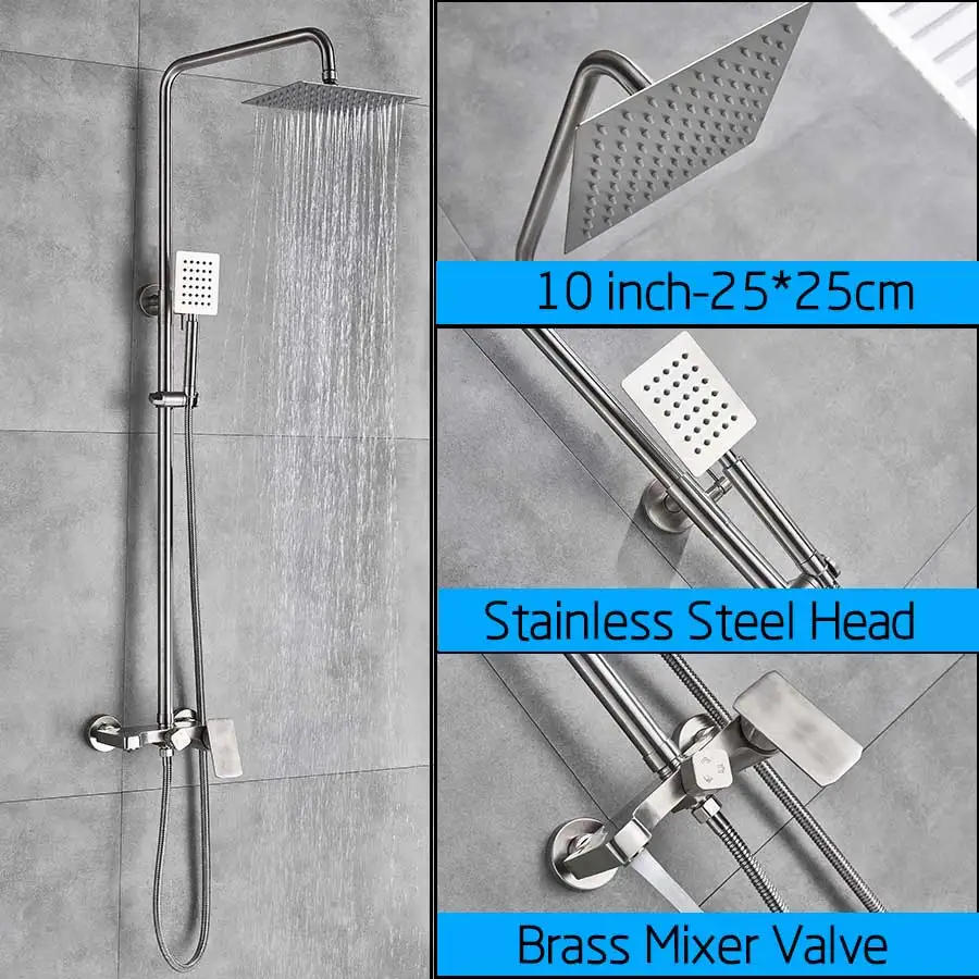 10 inch shower Fauce Матовый Никель смеситель для душа настенный Ванна Душ Комплект дождевой Насадки для душа кран для хранения полки из латуни 3-способа смеситель клапан - Цвет: 10 inch shower Fauce
