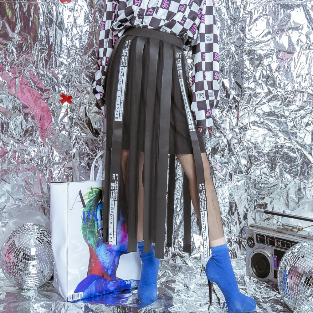 

The original street mosaic tassels ribbon gauze high waist skirt letter thin female 2018