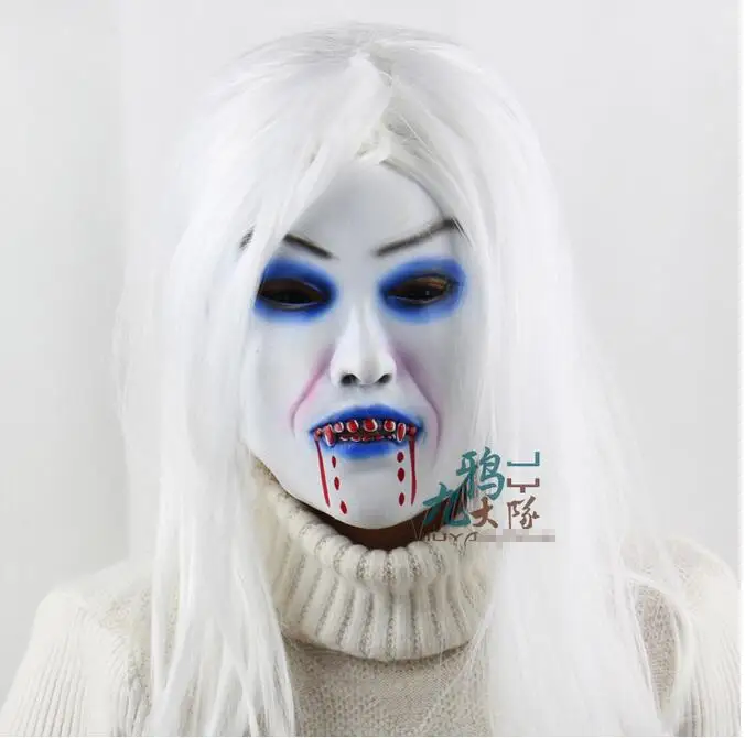 

2017 Hot sale Halloween Long White Hair Bloody Female Ghost Latex Full Head Mask cosplay party supplies bar snow-White mask