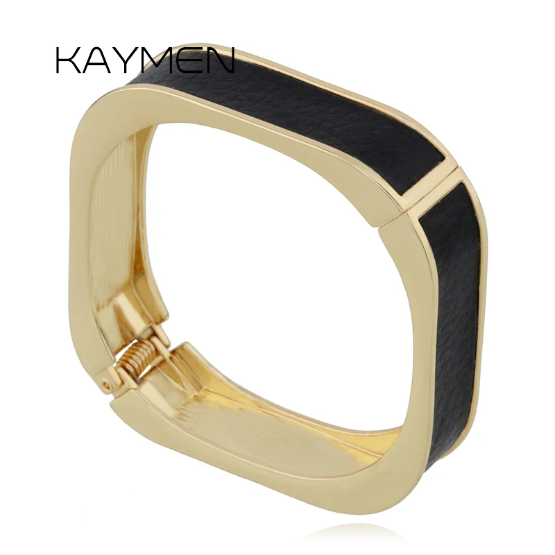 

KAYMEN Golden Plated Square Shape Inlaid Imitation Leather Cuff Bangle Women's Fashion Statement Bangle Bracelet for Party