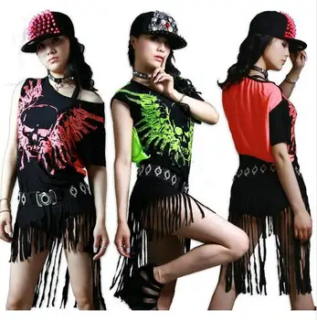 

New Fashion hip hop top dance female Jazz costume performance wear stage clothing Halloween skull tassel Neon loose Sexy t-shirt
