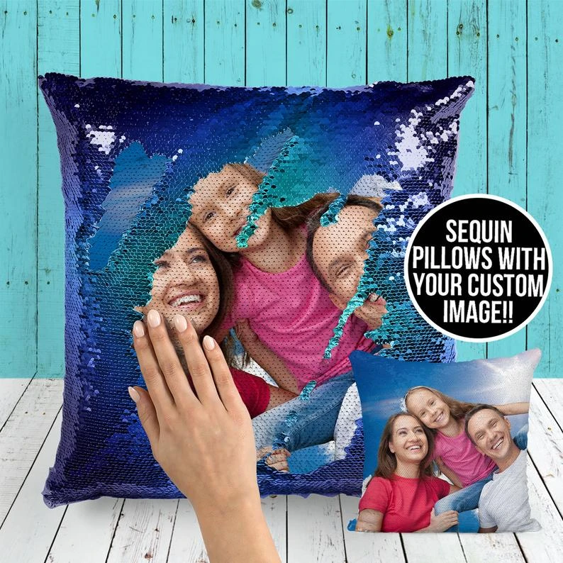 Personalised magic BLUE sequin cushion photo image Fathers Day gift Personalised magic BLUE sequin cushion photo image Fathers Day gift