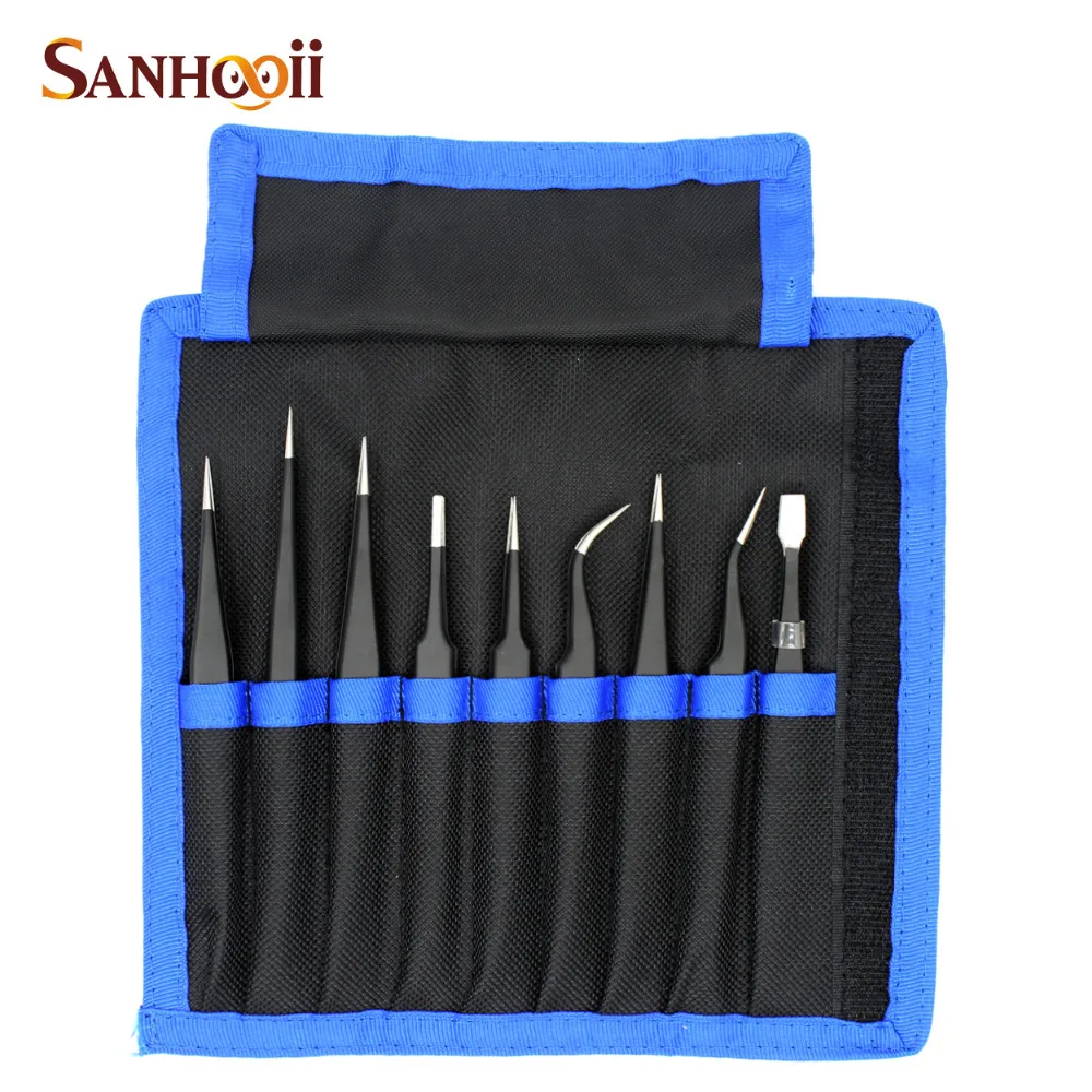 Sanhooii 9PCS ESD Stainless Steel Tweezers Kit Precision Anti-static Maintenance Tools for Electronics Jewelry Phone Repairing