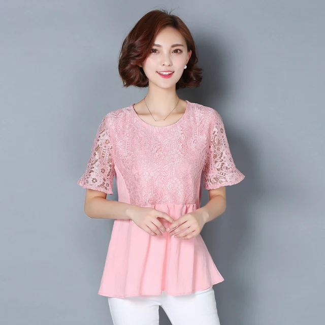 2017 Summer lace cotton blouse covered belly loose slim body plus size