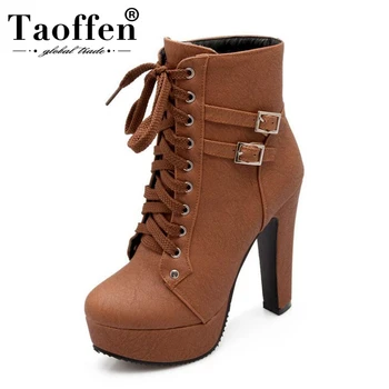 

TAOFFEN Size 31-43 Women High Heel Ankle Boots Fashion Lady Cross Strap Shoes Women Winter Warm Botas Heels Round Toe Footwear