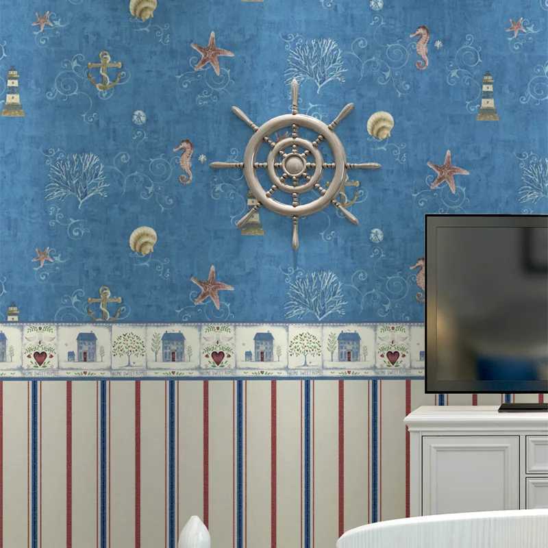 

Mediterranean Style Blue Ocean Children Room Wallpaper Roll Woven Cartoon Underwater Sea World Wall Paper for Baby Boy Room Wall