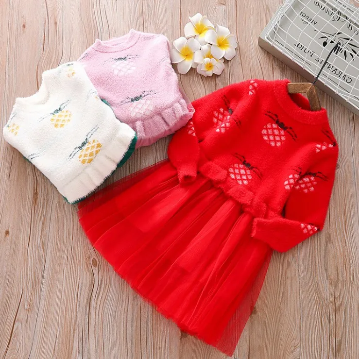 

110-150cm new 2019 autumn winter girls sally patchwork knitted dress party dress long sleeve kids knitted dress for wedding