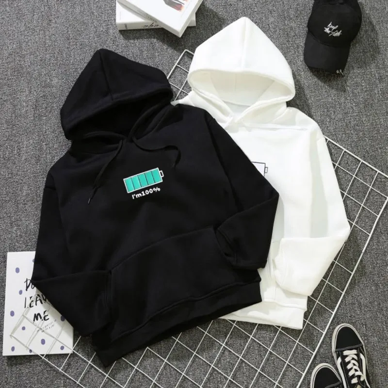 

2019 Funny Print Hoodies Sweatshirt Women Casual Pullover Streetwear Sudadera Hombre Hip Hop Hoodies I'm 100% battery Hoodies