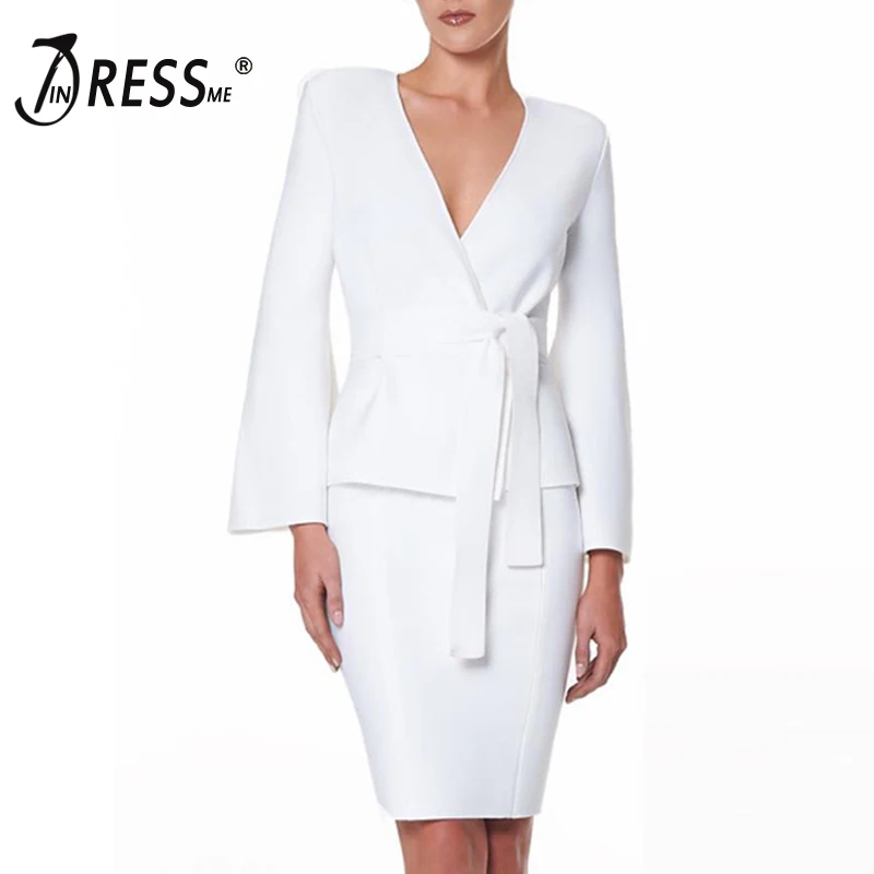 

INDRESSME 2019 New Women Lace Up Two Piece Sets Dress V Neck Fashion Skirt Top Blazer Suits Belt Full Flare Sleeve Lady Set Lady