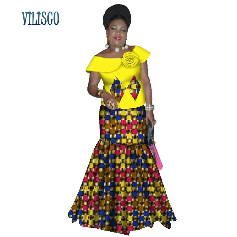 

Bazin Riche African Ruffles Sleeve Tops and Skirt Sets for Women Traditional African Print 2 Pieces Skirt Sets Clothing WY3059
