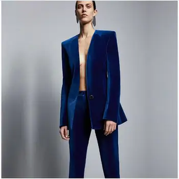 Azul chaqueta de terciopelo + Pantalones Formal elegante pantalones de traje de negocios trajes Slim mujer Oficina uniforme