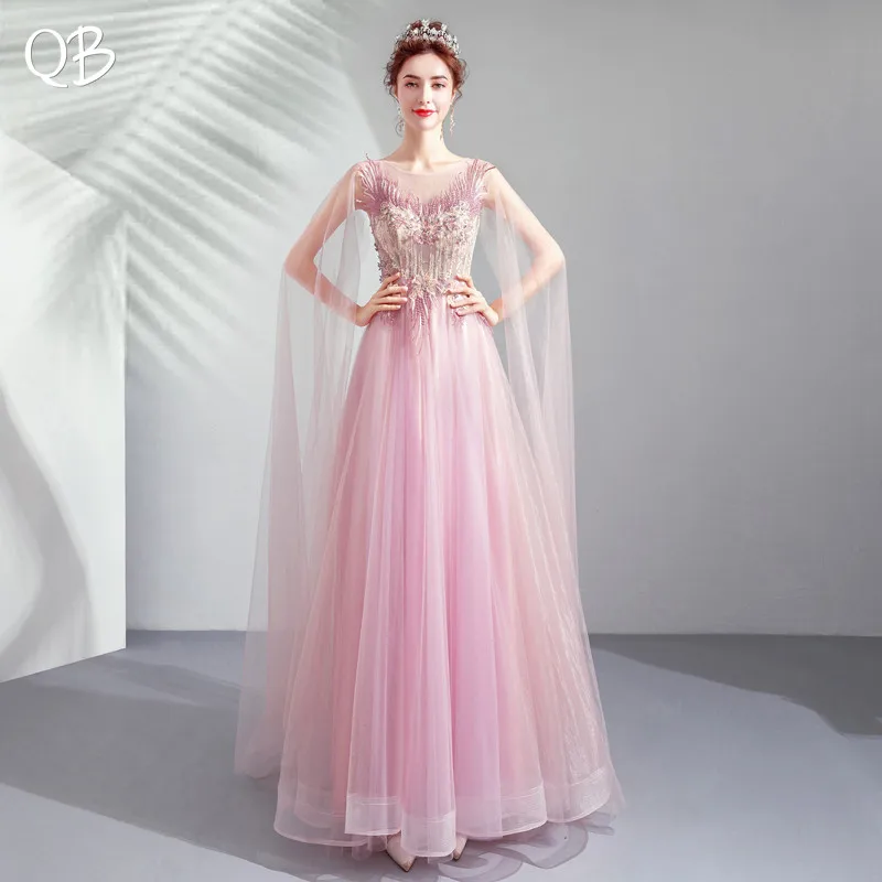 A-line Cape Tulle Flowers Appliques Beaded Sexy Elegant Pink Evening Dresses Bride Banquet Party Prom Dress XK25 A-line Cape Tulle Flowers Appliques Beaded Sexy Elegant Pink Evening Dresses Bride Banquet Party Prom Dress XK25