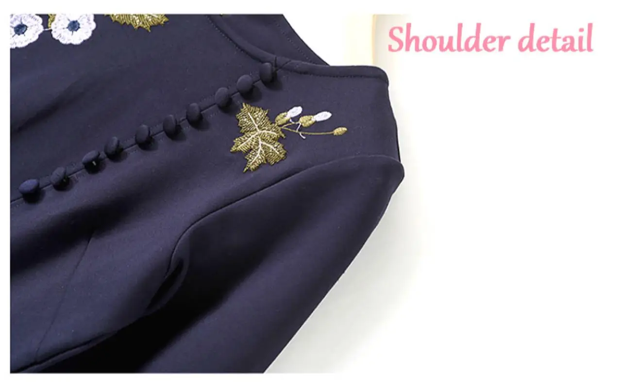 Women Flowers Embroidered Hem Dress Round Neck 3/4 Sleeve A-line Skirt 2018 Spring Summer Fashion Knee Length Dress