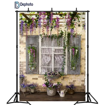 

DePhoto photography backdrops spring courtyard wistaria flowers wood pergola decorated retro window photo background photocall