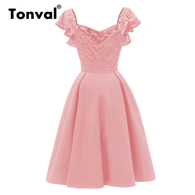 Tonval Кружевное Розовое женское платье с рюшами на рукавах, элегантное вечернее платье с открытой спиной, плиссированное винтажное платье