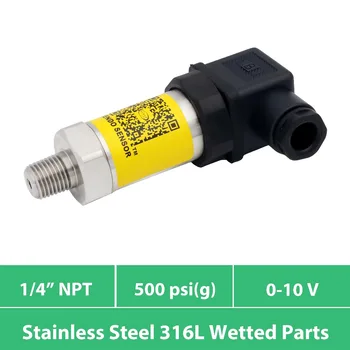 

chinese industry pressure sensor, 12V 24V DC supply, 0 10 voltage output, 500 psi range, 1 4 in NPT thread, ss 316L wetted parts