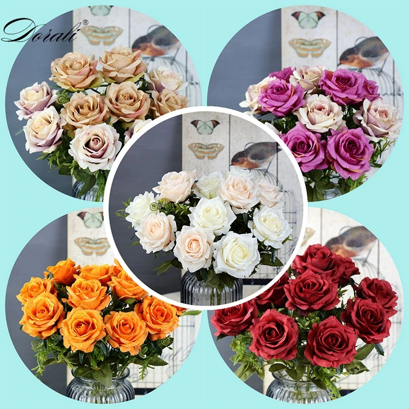 6 головок белые розы искусственные цветы из шелка высокого качества для свадебного украшения зимние поддельные большие цветы красный для домашнего декора осень