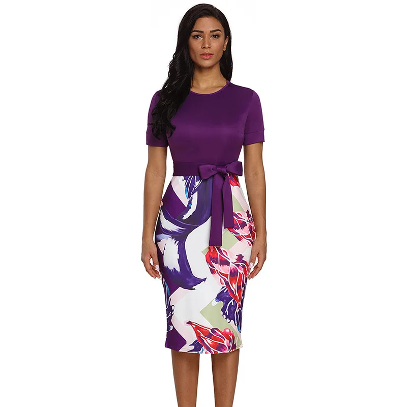 Purple-Bowknot-Short-Sleeve-Printed-Sheath-Dress-LC610096-8-3