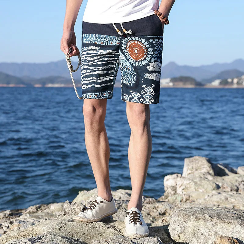 

Summer Men's Multi Color Printing Casual Shorts Men's Dress Youth Beach Play Short Pants Ethnic Style Linen Printed Beach Short