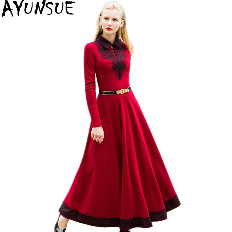 AYUNSUE 2019 Herfst Winter Rode Lange Jurk Vrouwen Elegante Kant Maxi Jurk Avond Party Jurken Kleding Plus Size 3xl 4xl SS6541