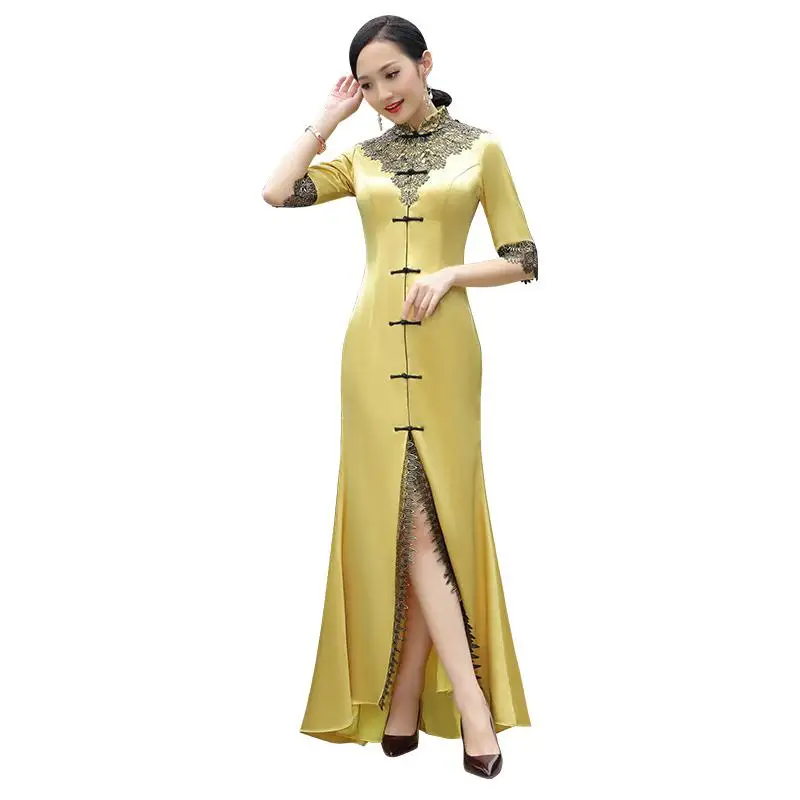 

Vintage Women Lace Trim Cheongsam Half Sleeve Mandarin Collar Qipao Sexy Trailing Vestidos Lady Stage Show Dress Size S-XXL