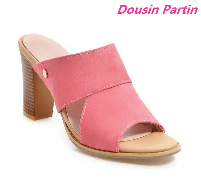 

Dousin Partin Women Sandals Square High Heel Peep Toe Flock Rivet Metal Decoration Slip-On Slingback Casual Ladies Shoes