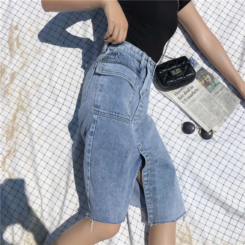 

Women Autumn Solid Casual High Waist Pencil Denim Skirts Summer High Street Pockets Button irregular Jeans skirt womens (Z5283)