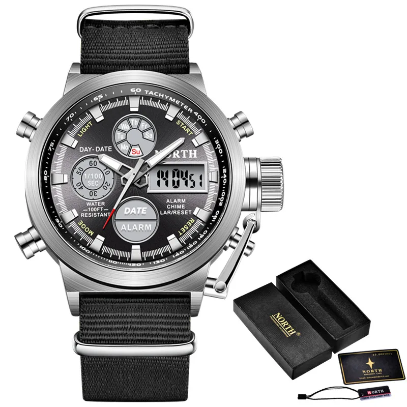 NL Black Silver Box NORTH спортивные часы мужские военные кварцевые часы для мужчин аналоговые светодиодные цифровые кожаные нейлоновые мужские часы повседневные водонепроницаемые наручные часы - Цвет: NL Black Silver Box
