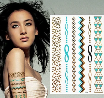 

4sheets Leopard Chain Glod Metallic Tattoo Temporary Blue Flash Tattoo