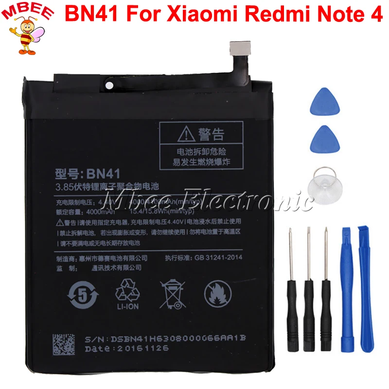 4100mAh BN41 Battery For Xiaomi Redmi Note 4 Batterie