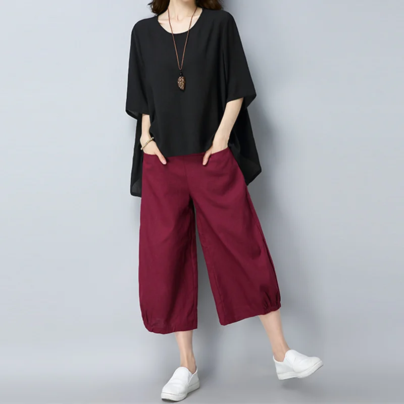 

Women Summer Cotton Linen O Neck Batwing Sleeve Tops+Ankle-Length Pants Two pieces Suit female Office Suit set Loose clothing