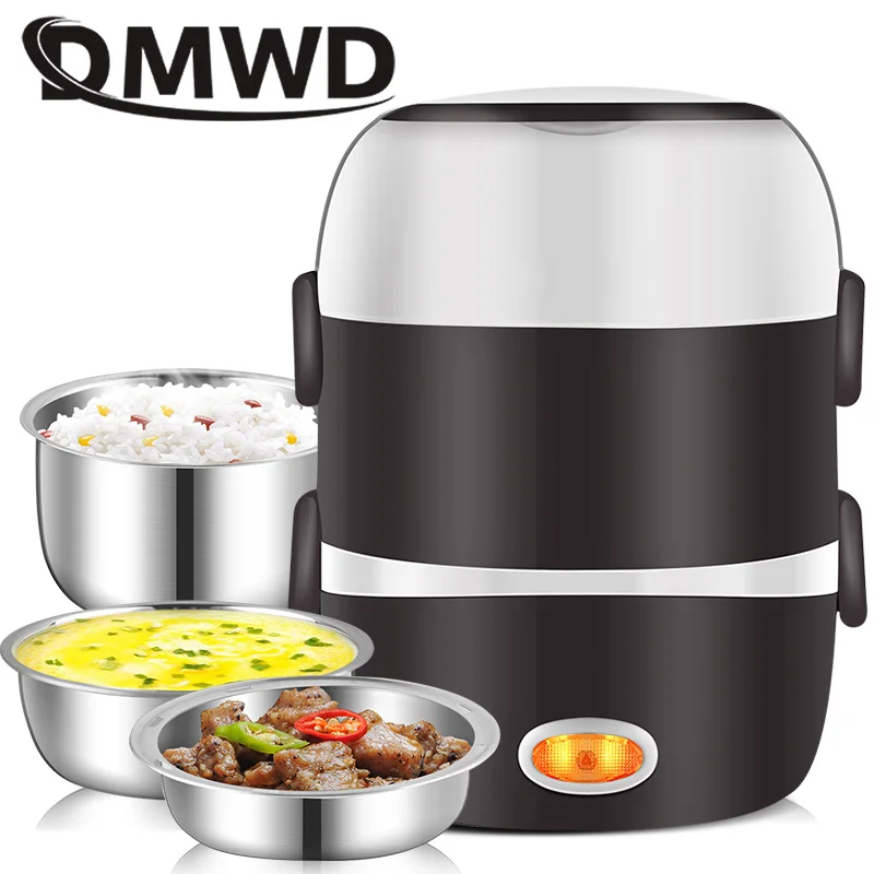 DMWD Mini Electric Rice Cooker Stainless Steel 2/3 Layers Steamer Portable Meal Thermal Heating Lunch Box Food Container Warmer 1