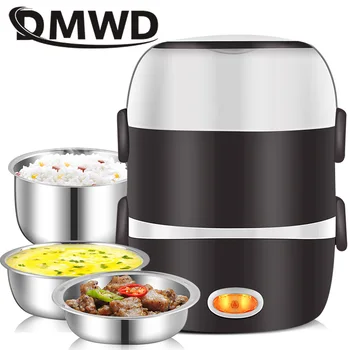DMWD Mini Electric Rice Cooker Stainless Steel 2/3 Layers Steamer Portable Meal Thermal Heating Lunch Box Food Container Warmer dmwd 1 2l mini electric cooker food heater heat preservation portable lunch box rice cooker simple steaming boiling stewing 220v