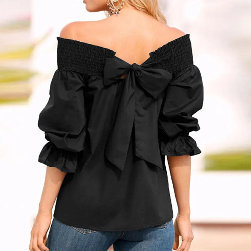 2019 Women's Summer  Fashion Off Shoulder  Top Puff Sleeve Bow Bandage Blouse Women Clothes