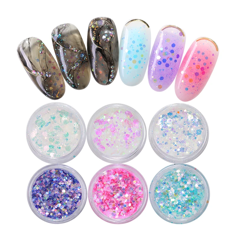 

6 Jars Holographic Nail Glitters Powder Sparkles Sequins Chunky Glitter Nail Flakes Nail Art Decoration