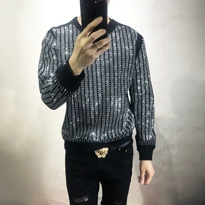 Mens Black Rhinestone Beading Bling Party/Event Long Sleeve Tee/T Shirt
