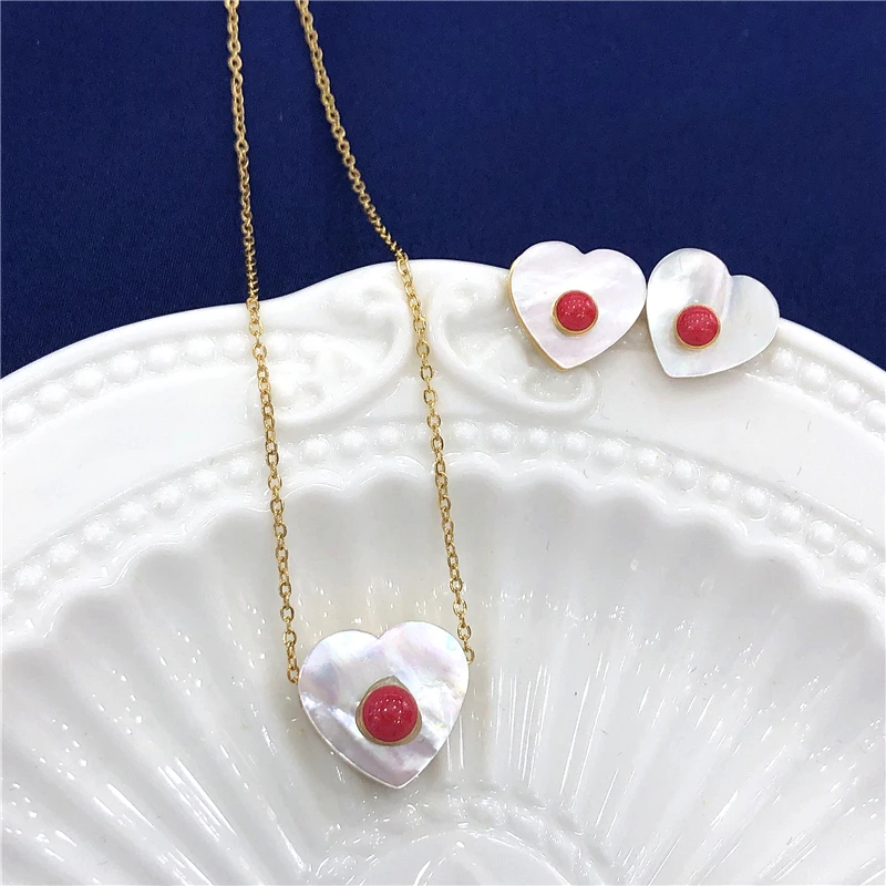 

New ! Luxury Brand Silver Gold Stainless Steel Red Zircon Heart Pendants Necklace Earrings Jewelry For women