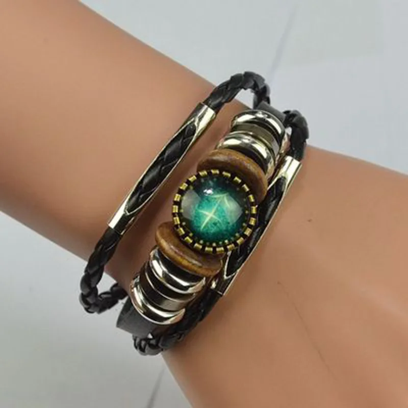 

Fashion Unisex Jewelry Buckle Lovers Woven Leather 12 Zodiac Sign Bracelet