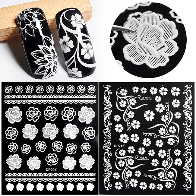 

1 Sheet White Flowers Lace Nail Art Stickers Decorations Strips 3D Nail Stickers Decals Self Adhesive DIY Slider Design Manicure