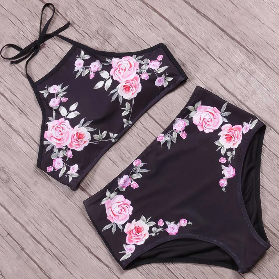 Günstige TQSKK 2019 Halter Hohe Taille Bikinis Frauen Bademode Gedruckt Badeanzug Weibliche Sommer Strand Tragen Bikini Set Badeanzug Biquini