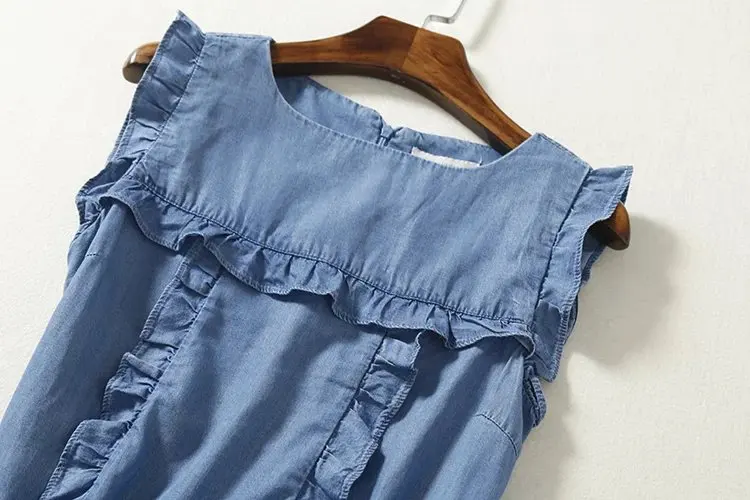 Summer Sleeveless Mini Soft Jeans Dress Women Frilled Ruffles Dress Casual Sundress Short Denim Beach Dress