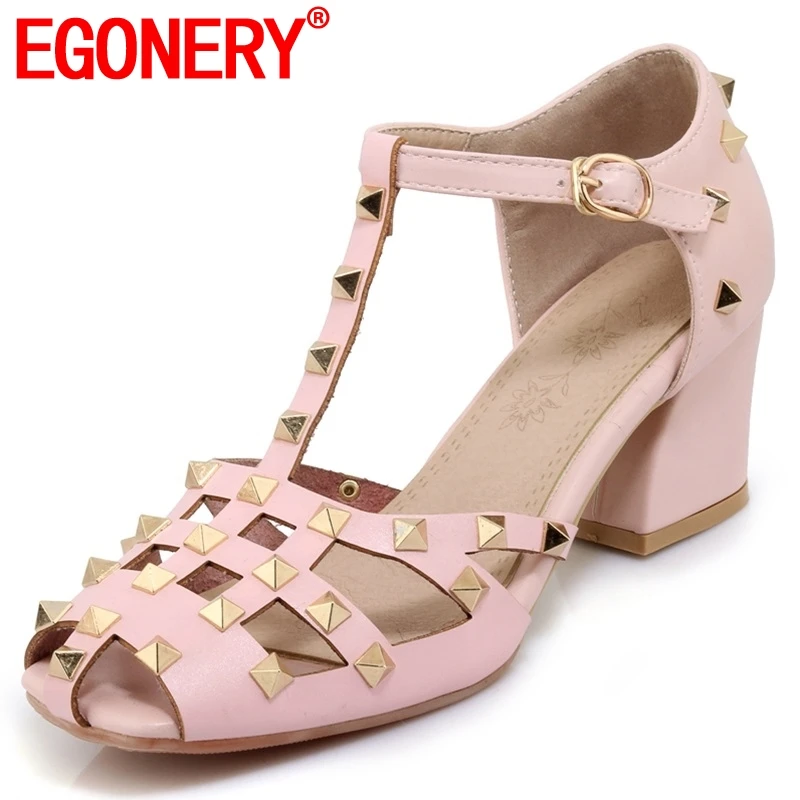 

EGONERY fashion brand Punk rivet Cover Heel women's shoes Ankle Strap Buckle Strap Party 5.5 cm High Square hhels Sandals