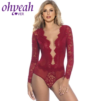 

Ohyeahlover Sexy Babydoll Jumpsuit Summer Long Sleeve Bodysuit RM80588 New Arrivals Short Romper Eyelashes Open-chest Lace Teddy