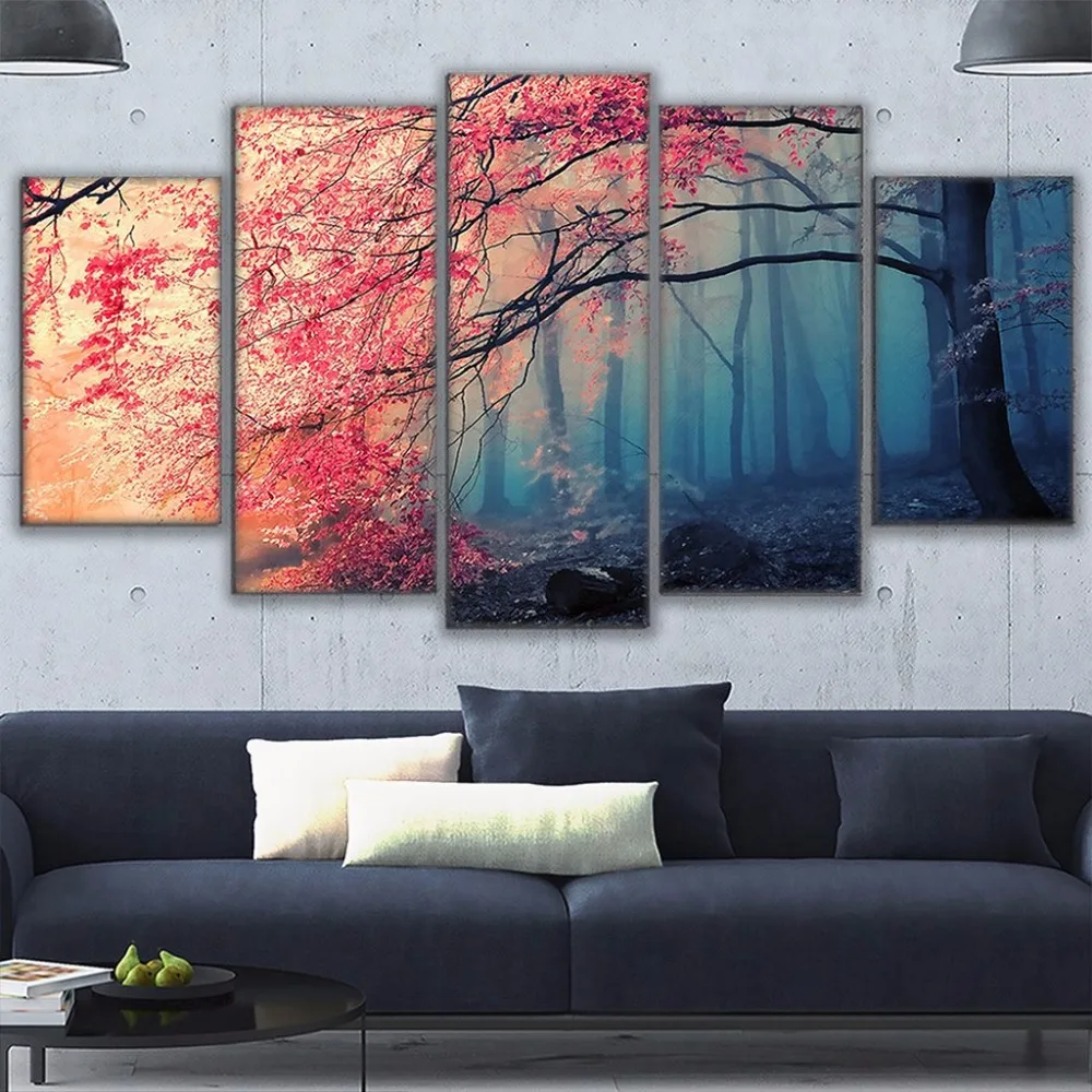 

Poster HD Prints Modern Wall Art Canvas For Living Room 5 Pieces Cherry Blossoms Pictures Decor Red Trees Forest Painting