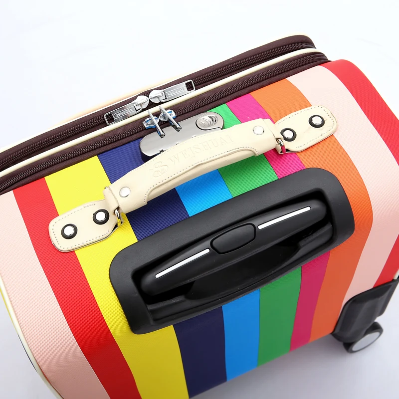 Женские чемоданы из искусственной кожи 18 дюймов в разноцветную полоску, чемодан на колесиках для путешествий, дамские чемоданы высокого качества
