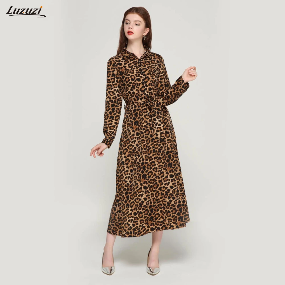 

Luzuzi Women leopard print ankle length summer dress bow tie sashes long sleeve retro ladies casual chic dresses vestidos CR6568